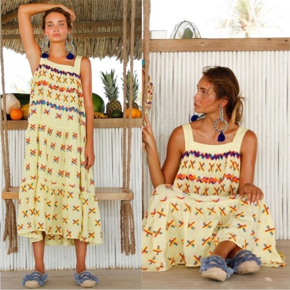 Women's Yellow Midi Dress with Multicolor Embroidery